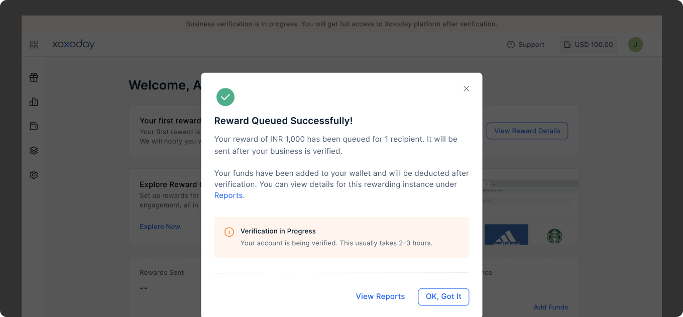 Reward Queued Successfully popup with verification in progress